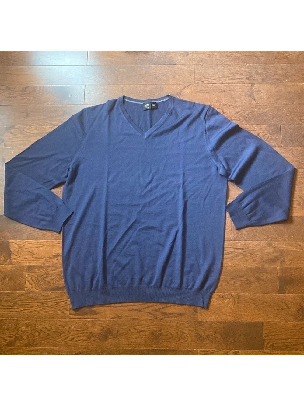 BOSS Hugo Boss 100% Virgin Wool V-Neck Sweater Size XXL Slim Fit Denim Blue